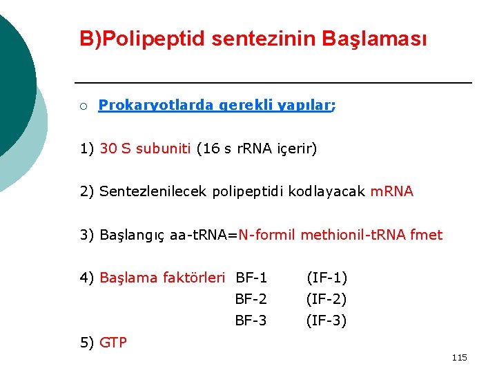 B)Polipeptid sentezinin Başlaması ¡ Prokaryotlarda gerekli yapılar; 1) 30 S subuniti (16 s r.