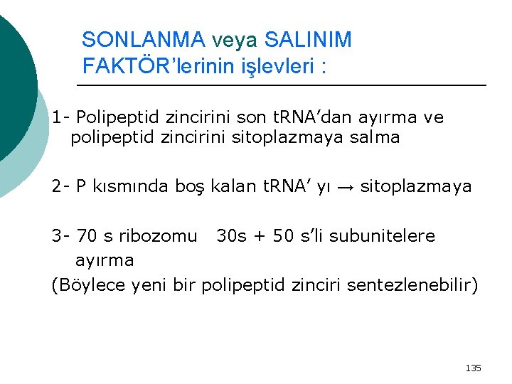 SONLANMA veya SALINIM FAKTÖR’lerinin işlevleri : 1 - Polipeptid zincirini son t. RNA’dan ayırma