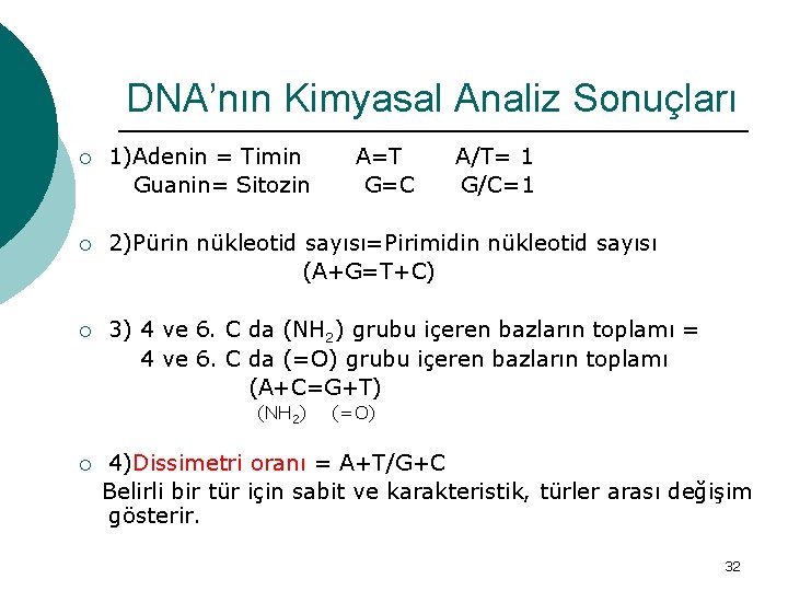 DNA’nın Kimyasal Analiz Sonuçları ¡ 1)Adenin = Timin Guanin= Sitozin ¡ 2)Pürin nükleotid sayısı=Pirimidin