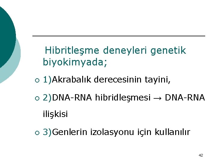 Hibritleşme deneyleri genetik biyokimyada; ¡ 1)Akrabalık derecesinin tayini, ¡ 2)DNA-RNA hibridleşmesi → DNA-RNA ilişkisi