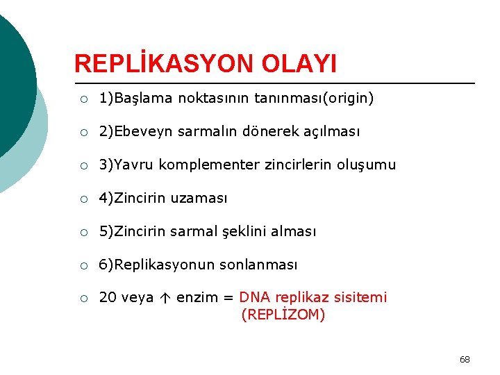 REPLİKASYON OLAYI ¡ 1)Başlama noktasının tanınması(origin) ¡ 2)Ebeveyn sarmalın dönerek açılması ¡ 3)Yavru komplementer