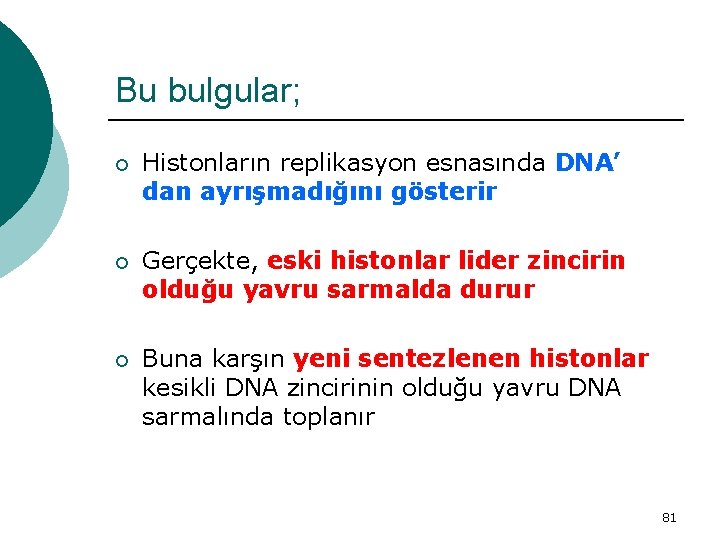 Bu bulgular; ¡ Histonların replikasyon esnasında DNA’ dan ayrışmadığını gösterir ¡ Gerçekte, eski histonlar