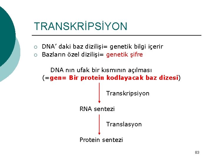 TRANSKRİPSİYON ¡ ¡ DNA’ daki baz dizilişi= genetik bilgi içerir Bazların özel dizilişi= genetik