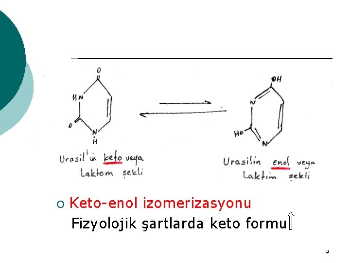 ¡ Keto-enol izomerizasyonu Fizyolojik şartlarda keto formu 9 