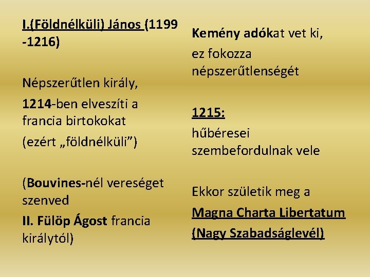 I. (Földnélküli) János (1199 Kemény adókat vet ki, -1216) ez fokozza népszerűtlenségét Népszerűtlen király, I. (Földnélküli) János (1199 Kemény adókat vet ki, -1216) ez fokozza népszerűtlenségét Népszerűtlen király,