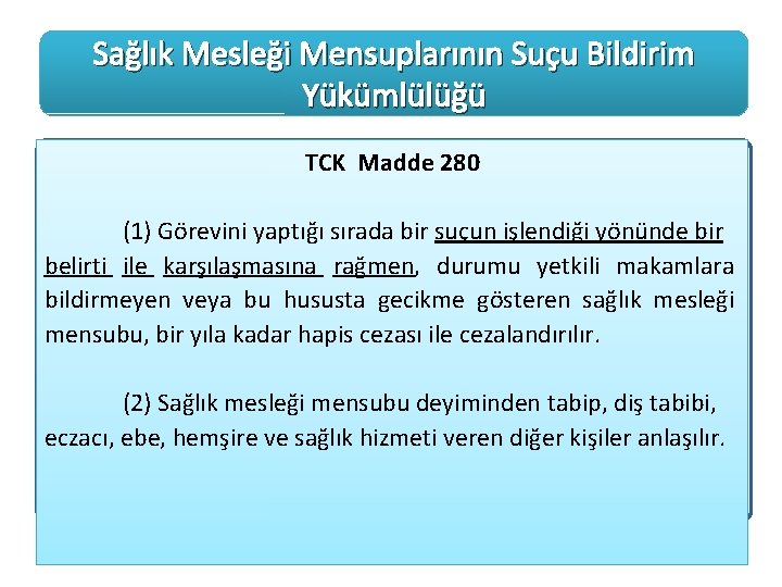 Sağlık Mesleği Mensuplarının Suçu Bildirim Yükümlülüğü TCK Madde 280 (1) Görevini yaptığı sırada bir