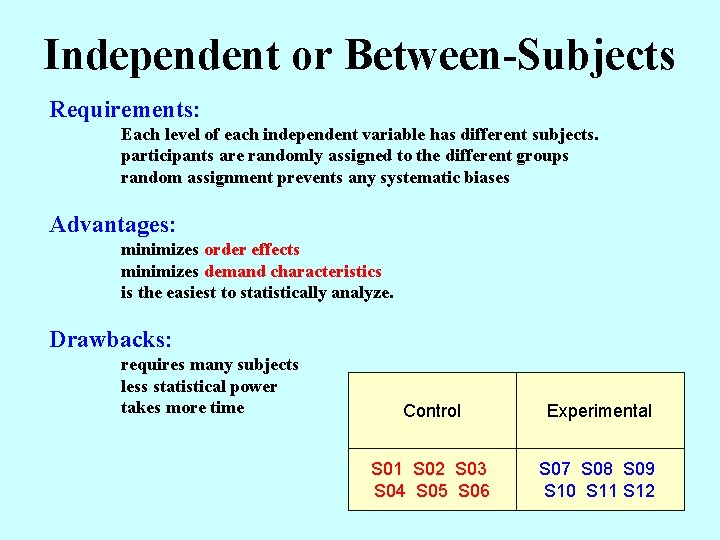 Independent or Between-Subjects Requirements: Each level of each independent variable has different subjects. participants