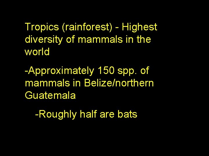 Tropics (rainforest) - Highest diversity of mammals in the world -Approximately 150 spp. of