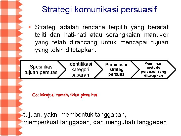 Strategi komunikasi persuasif § Strategi adalah rencana terpilih yang bersifat teliti dan hati-hati atau