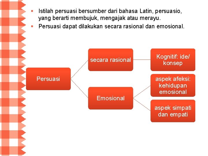 § Istilah persuasi bersumber dari bahasa Latin, persuasio, yang berarti membujuk, mengajak atau merayu. § Istilah persuasi bersumber dari bahasa Latin, persuasio, yang berarti membujuk, mengajak atau merayu.