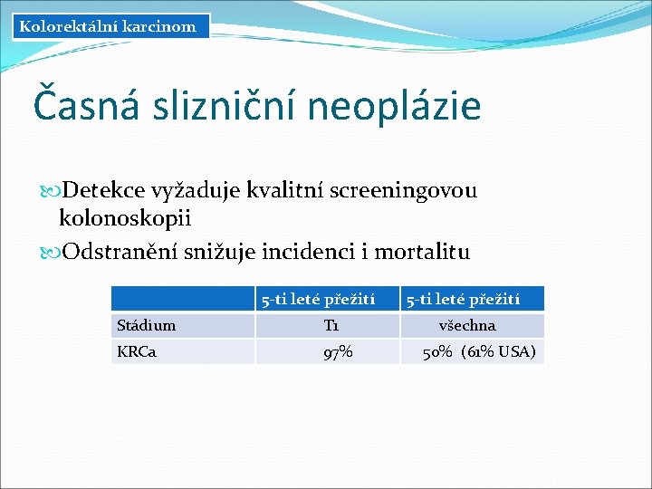 Kolorektální karcinom Časná slizniční neoplázie Detekce vyžaduje kvalitní screeningovou kolonoskopii Odstranění snižuje incidenci i Kolorektální karcinom Časná slizniční neoplázie Detekce vyžaduje kvalitní screeningovou kolonoskopii Odstranění snižuje incidenci i