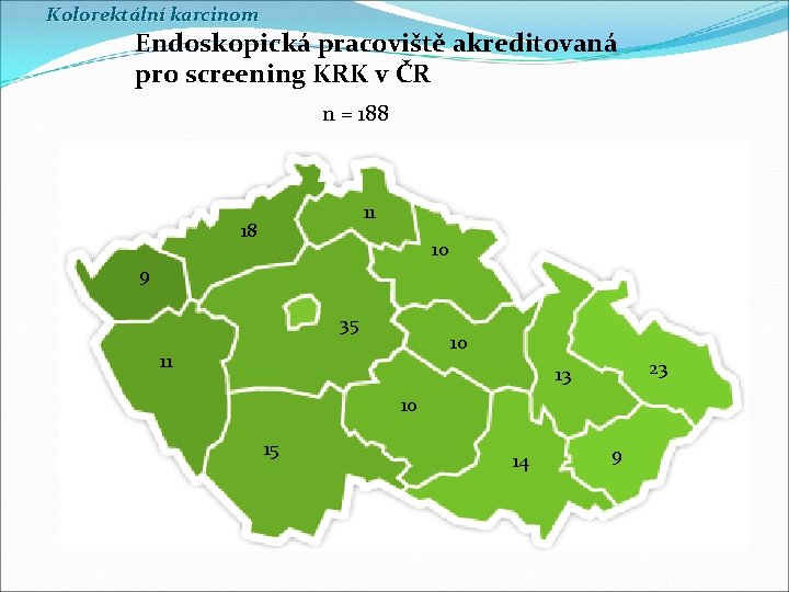 Kolorektální karcinom Endoskopická pracoviště akreditovaná pro screening KRK v ČR n = 188 11 Kolorektální karcinom Endoskopická pracoviště akreditovaná pro screening KRK v ČR n = 188 11