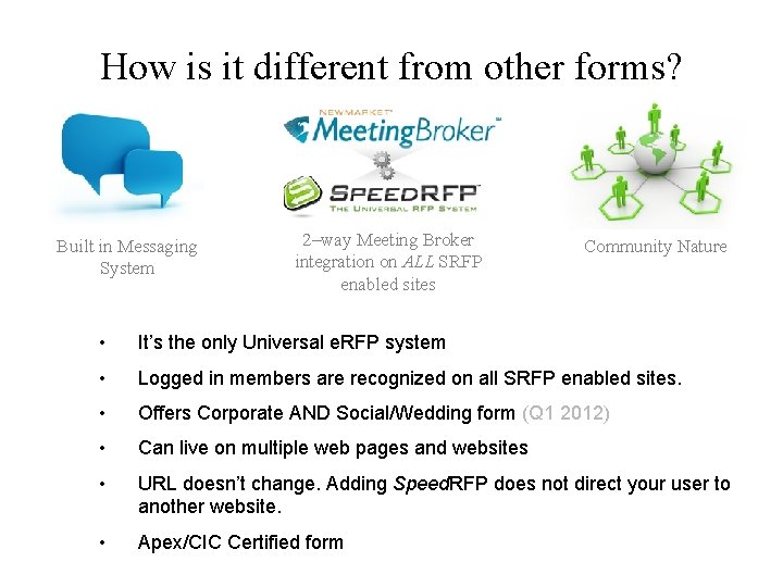 How is it different from other forms? Built in Messaging System 2–way Meeting Broker