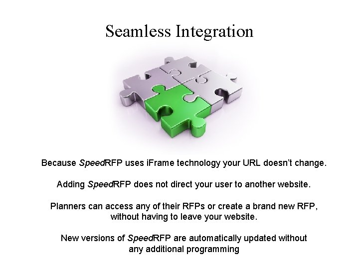 Seamless Integration Because Speed. RFP uses i. Frame technology your URL doesn’t change. Adding