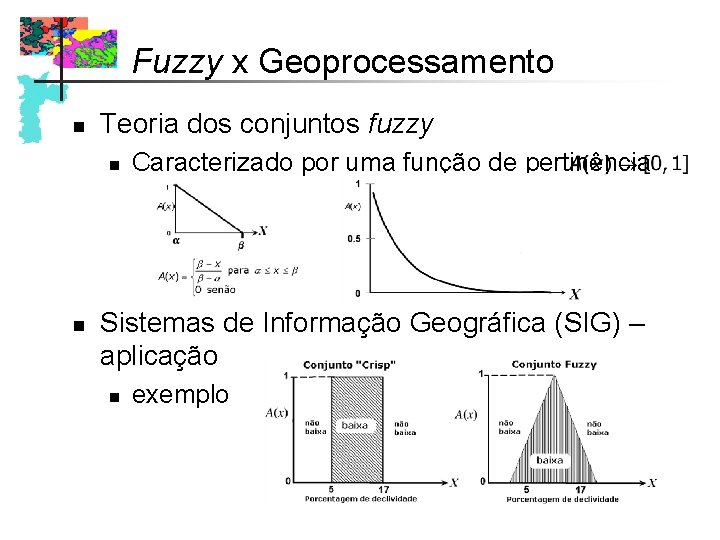 Fuzzy x Geoprocessamento n Teoria dos conjuntos fuzzy n n Caracterizado por uma função Fuzzy x Geoprocessamento n Teoria dos conjuntos fuzzy n n Caracterizado por uma função