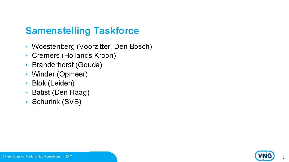 Samenstelling Taskforce • • Woestenberg (Voorzitter, Den Bosch) Cremers (Hollands Kroon) Branderhorst (Gouda) Winder