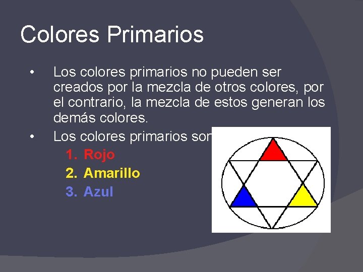 Colores Primarios • • Los colores primarios no pueden ser creados por la mezcla