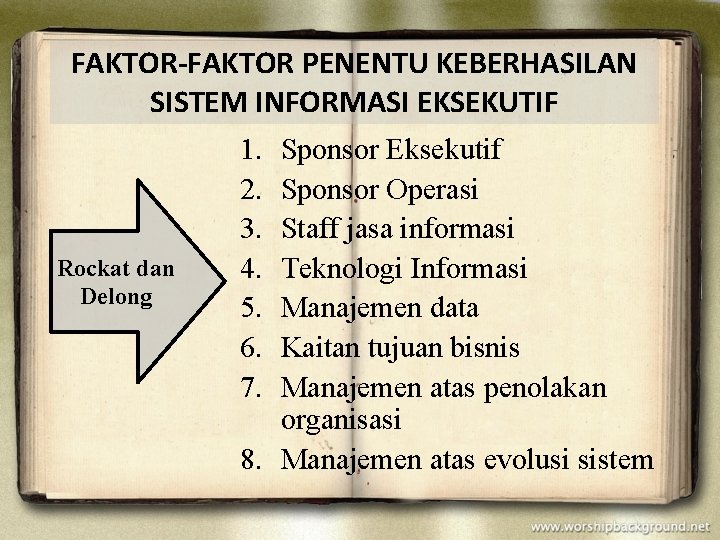FAKTOR-FAKTOR PENENTU KEBERHASILAN SISTEM INFORMASI EKSEKUTIF 1. Sponsor Eksekutif 2. Sponsor Operasi 3. Staff