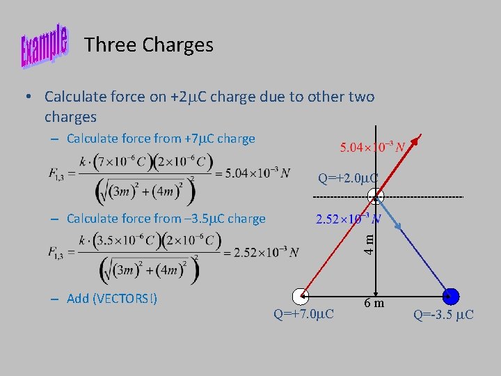 Three Charges • Calculate force on +2 m. C charge due to other two