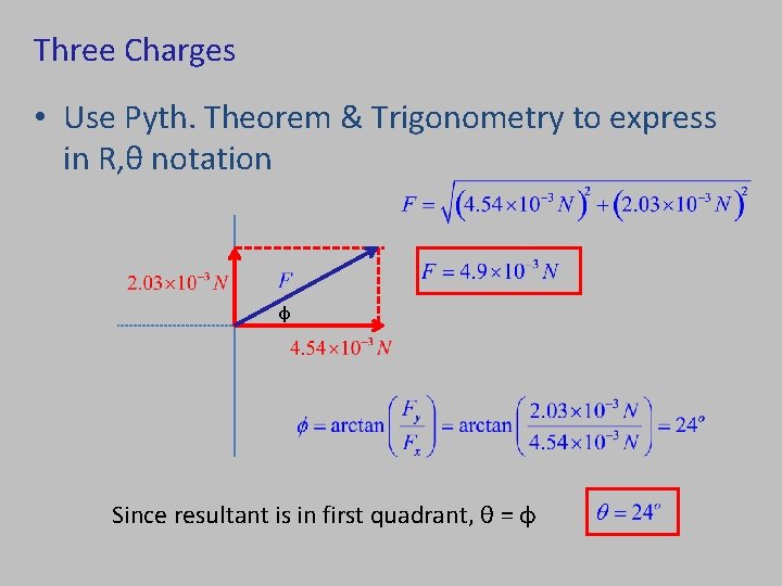 Three Charges • Use Pyth. Theorem & Trigonometry to express in R, θ notation