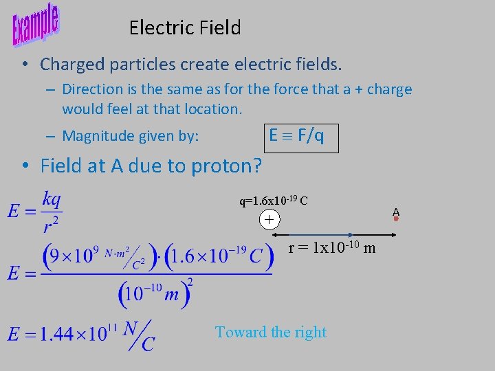 Electric Field • Charged particles create electric fields. – Direction is the same as