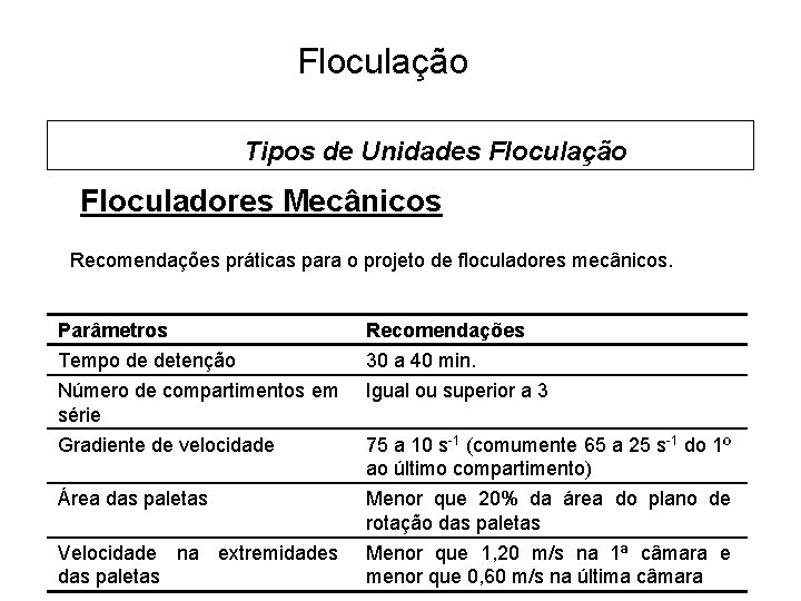 5 Floculação Tipos de Unidades Floculação Floculadores Mecânicos Recomendações práticas para o projeto de