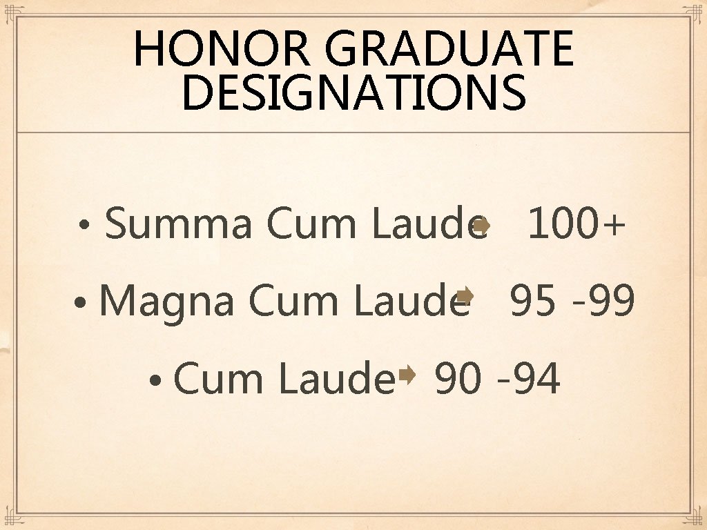 HONOR GRADUATE DESIGNATIONS • Summa Cum Laude 100+ • Magna Cum Laude 95 -99 HONOR GRADUATE DESIGNATIONS • Summa Cum Laude 100+ • Magna Cum Laude 95 -99