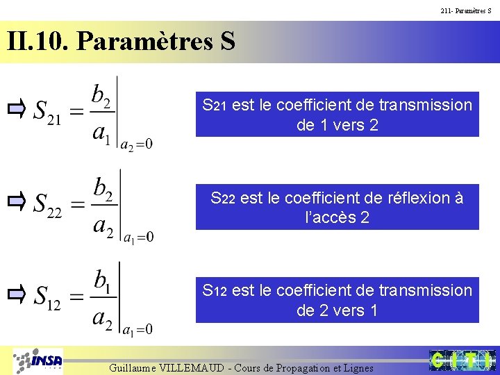 211 - Paramètres S II. 10. Paramètres S S 21 est le coefficient de