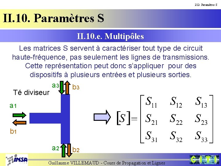 212 - Paramètres S II. 10. e. Multipôles Les matrices S servent à caractériser