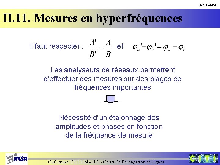 219 - Mesures II. 11. Mesures en hyperfréquences Il faut respecter : et Les