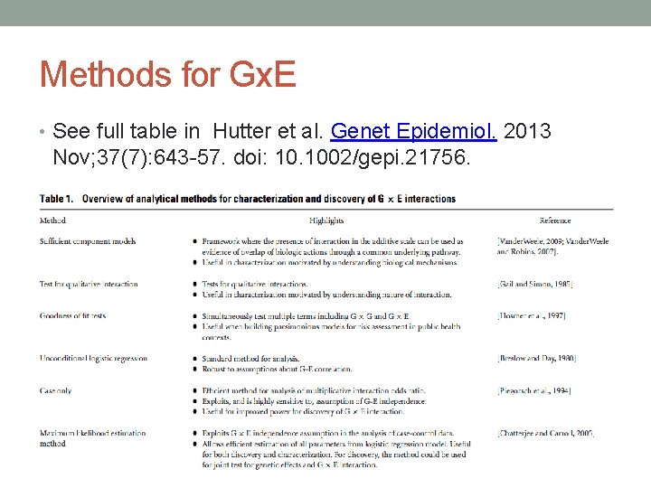 Methods for Gx. E • See full table in Hutter et al. Genet Epidemiol.