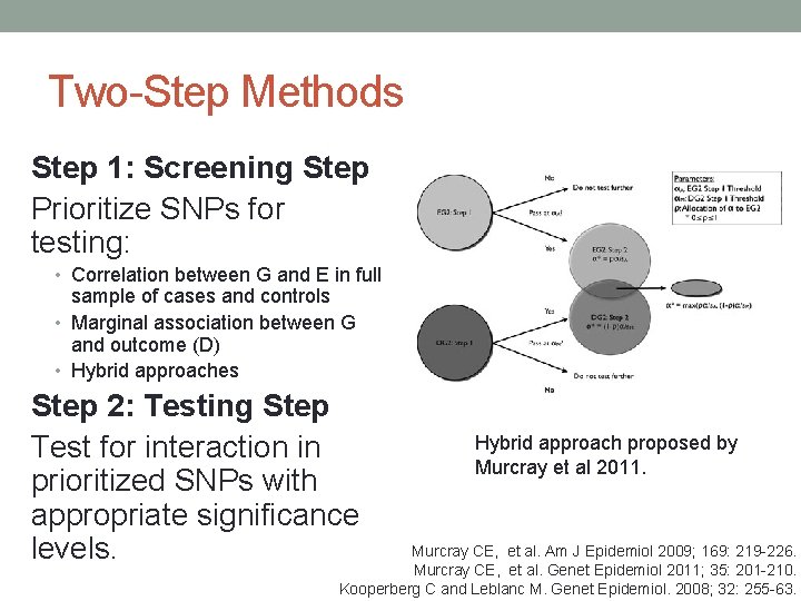 Two-Step Methods Step 1: Screening Step Prioritize SNPs for testing: • Correlation between G