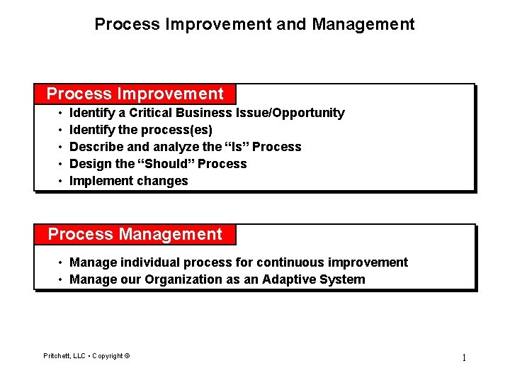 Process Improvement and Management Process Improvement • • • Identify a Critical Business Issue/Opportunity