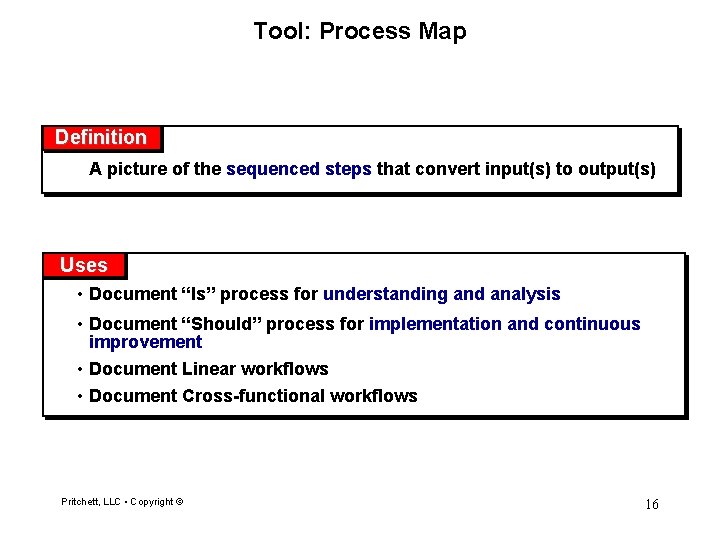 Tool: Process Map Definition A picture of the sequenced steps that convert input(s) to