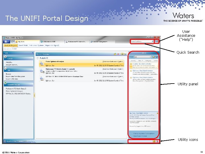 The UNIFI Portal Design User Assistance (“Help”) Quick Search Utility panel Utility icons ©