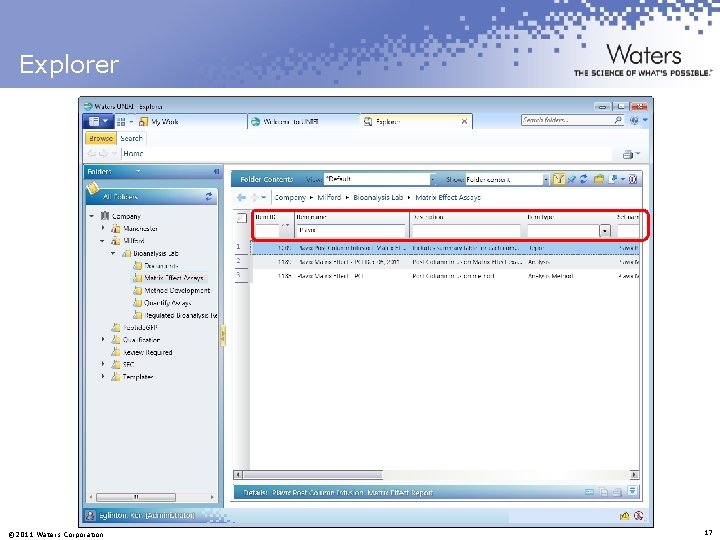 Explorer © 2011 Waters Corporation 17 