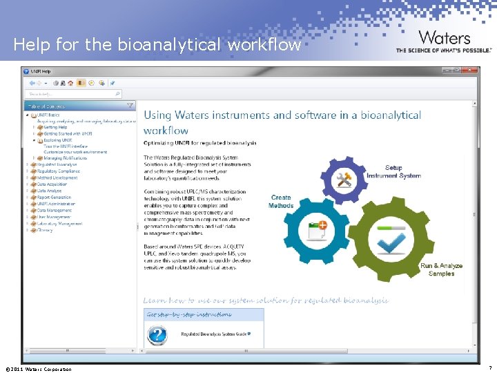 Help for the bioanalytical workflow © 2011 Waters Corporation 7 