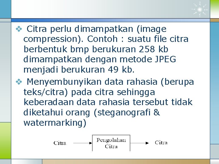 v Citra perlu dimampatkan (image compression). Contoh : suatu file citra berbentuk bmp berukuran