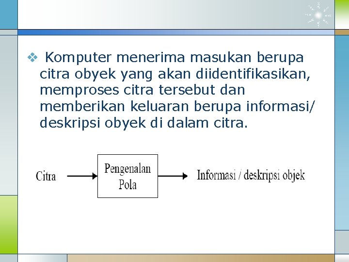 v Komputer menerima masukan berupa citra obyek yang akan diidentifikasikan, memproses citra tersebut dan