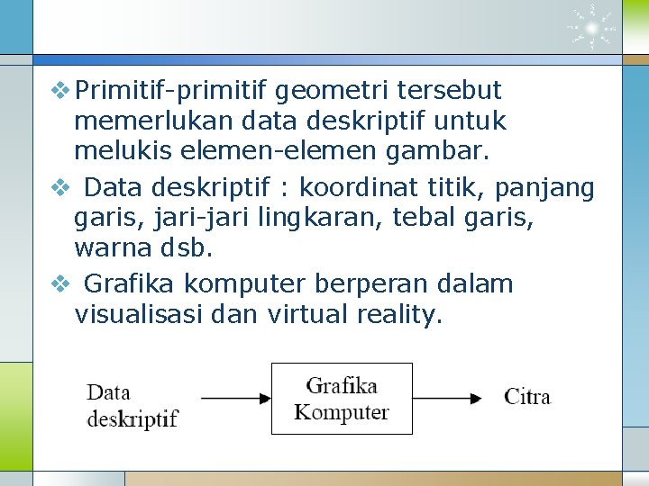v Primitif-primitif geometri tersebut memerlukan data deskriptif untuk melukis elemen-elemen gambar. v Data deskriptif