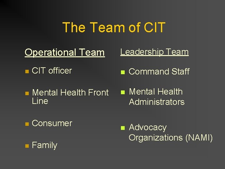 The Team of CIT Operational Team n CIT officer n Mental Health Front Line