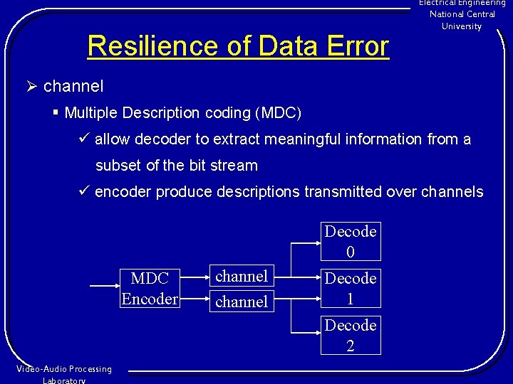 Resilience of Data Error Electrical Engineering National Central University Ø channel § Multiple Description