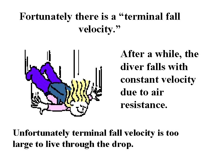 Fortunately there is a “terminal fall velocity. ” After a while, the diver falls