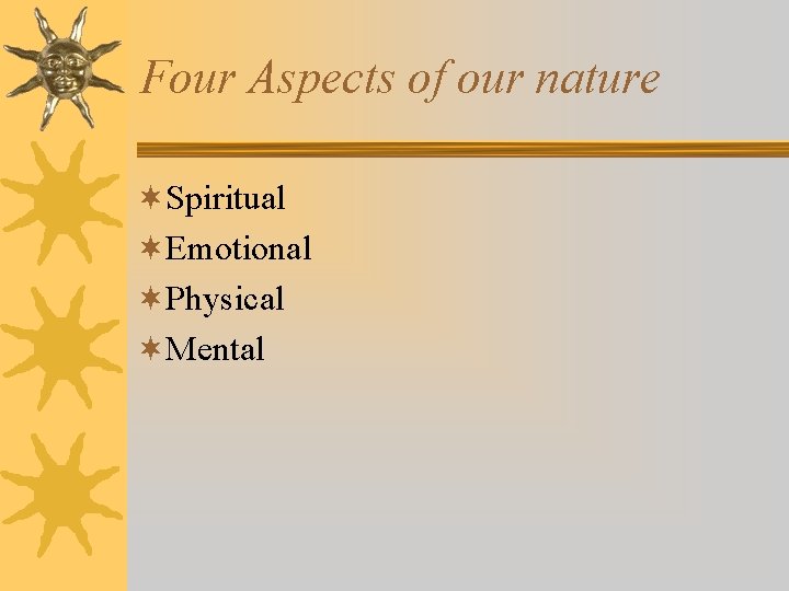 Four Aspects of our nature ¬Spiritual ¬Emotional ¬Physical ¬Mental 