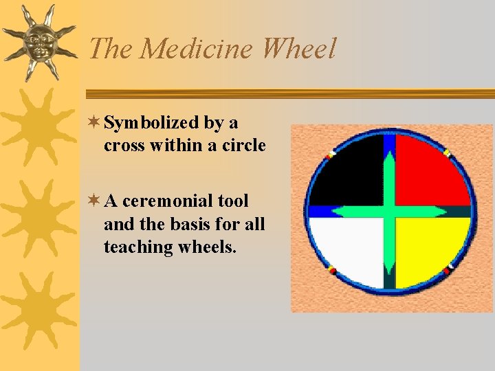 The Medicine Wheel ¬ Symbolized by a cross within a circle ¬ A ceremonial