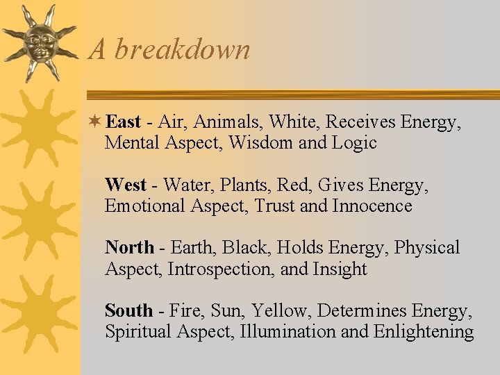 A breakdown ¬ East - Air, Animals, White, Receives Energy, Mental Aspect, Wisdom and