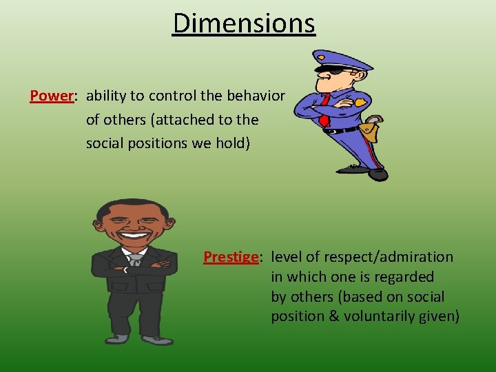 Dimensions Power: ability to control the behavior of others (attached to the social positions