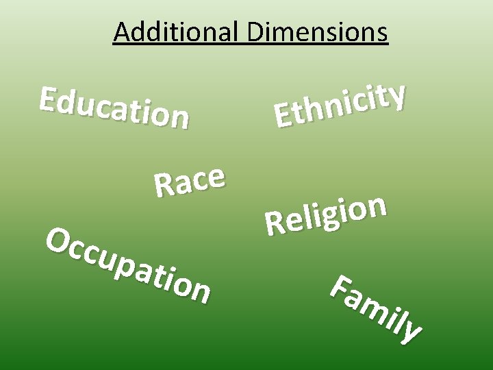 Additional Dimensions Education e c a R Occ upa tion y t i c
