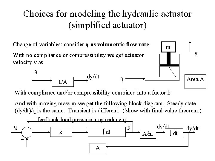 Choices for modeling the hydraulic actuator (simplified actuator) Change of variables: consider q as