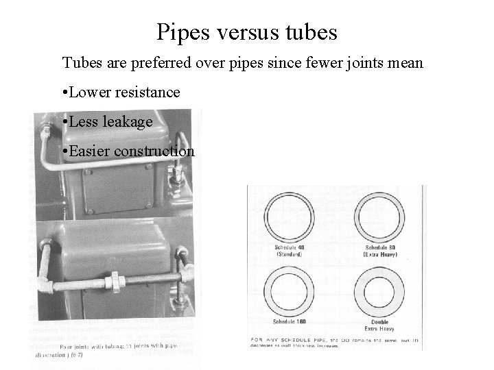 Pipes versus tubes Tubes are preferred over pipes since fewer joints mean • Lower